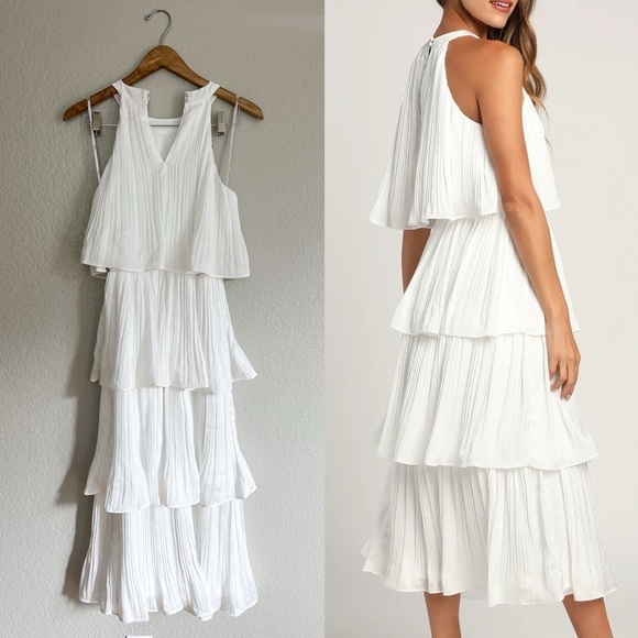 NWOT Tier and Far White Tiered Pleated Halter Midi Dress - Picture 3 of 6
